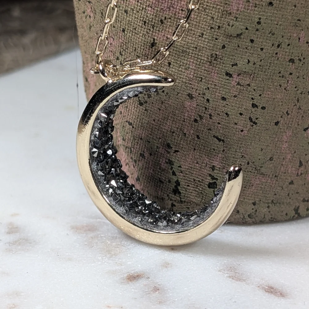 Crescent Moon Necklace, Gold Tone and Crystals - Picture 8 of 8